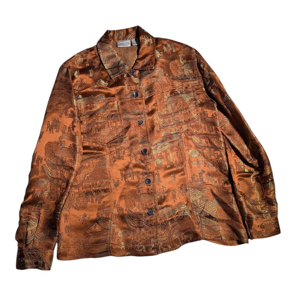 Vtg 1990s Chico's Bronze Brown Gold Brocade Satin Button Up Collared Blouse 1 M
